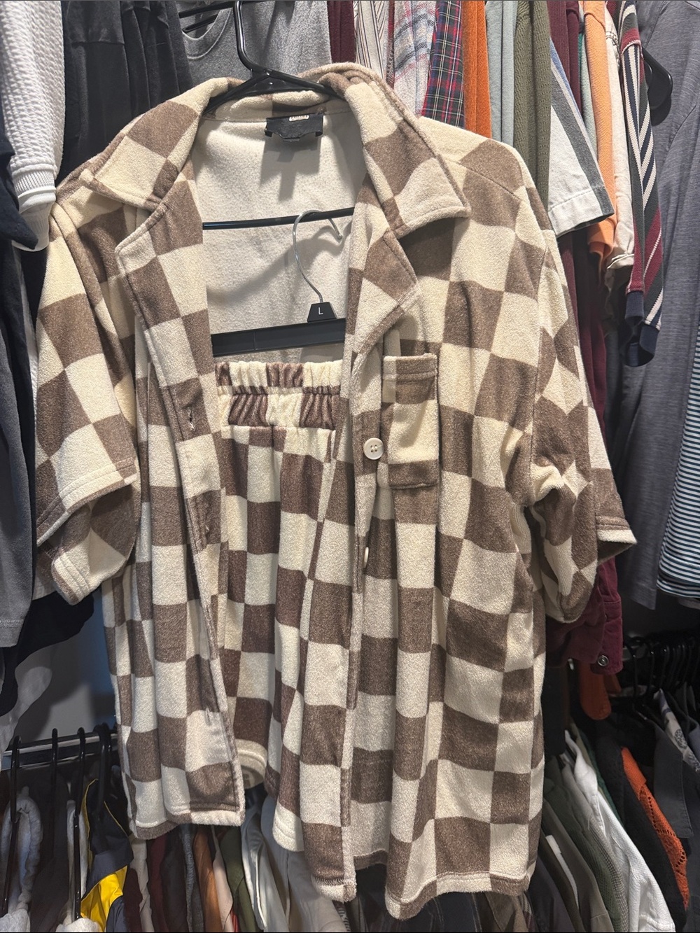 Checked Short-Sleeve Button-Up Blouse in Brown & Cream SET ANTHRO